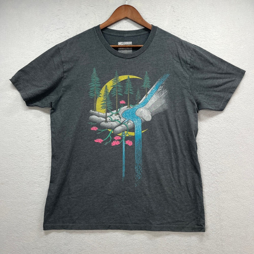 Curbside Clothing T Shirt Men L Gray Waterfall Nature Moon Artistic Graphic Tee